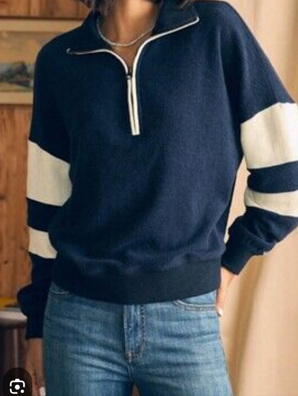 Faherty Beach Fleece Quarter Zip Navy White Stripe Pullover Sweatshirt Sz M EUC